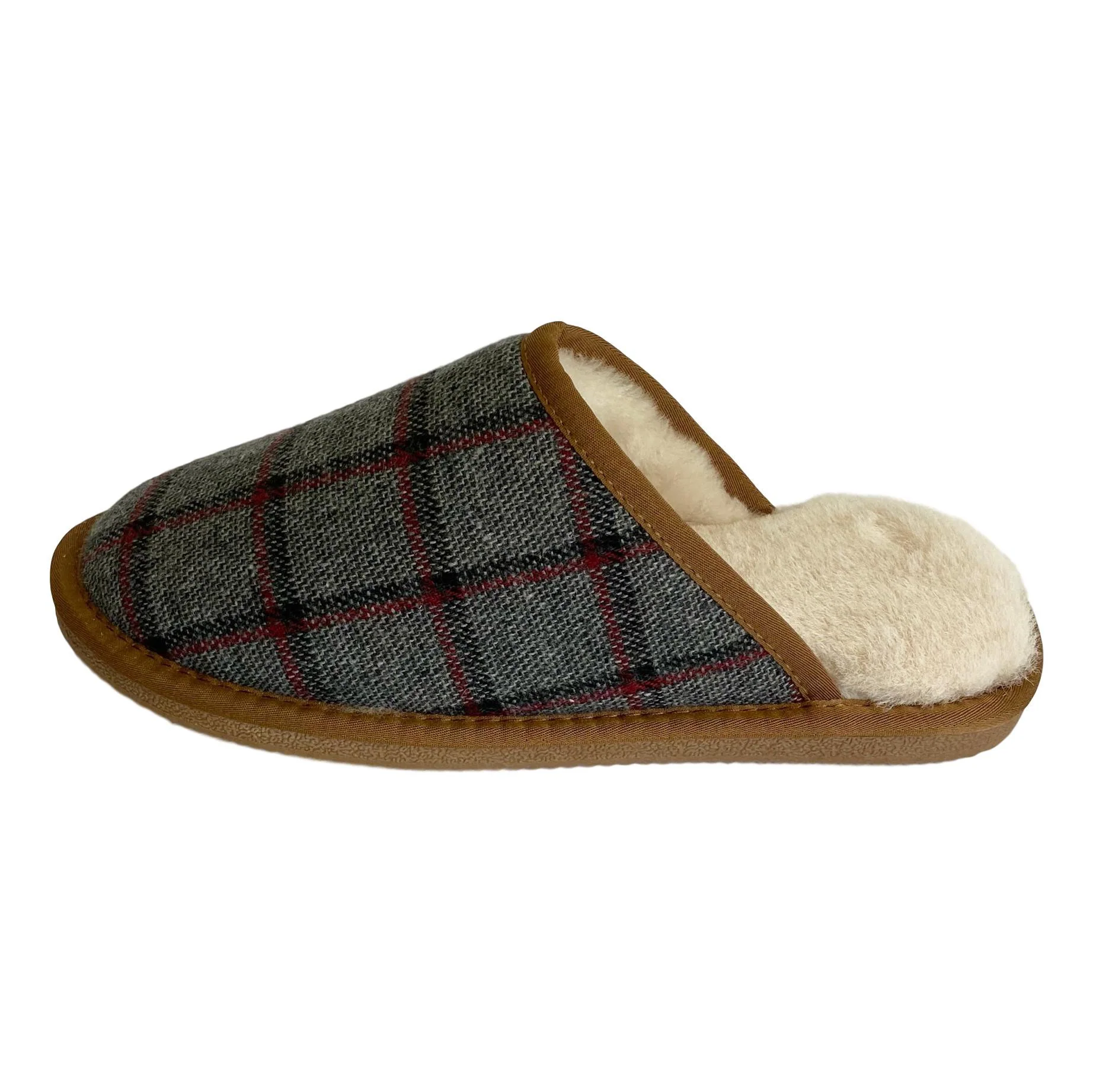 Deluxe Mens 'Michael' Sheepskin Slipper Mule - Grey/Red Tartan - Image 3