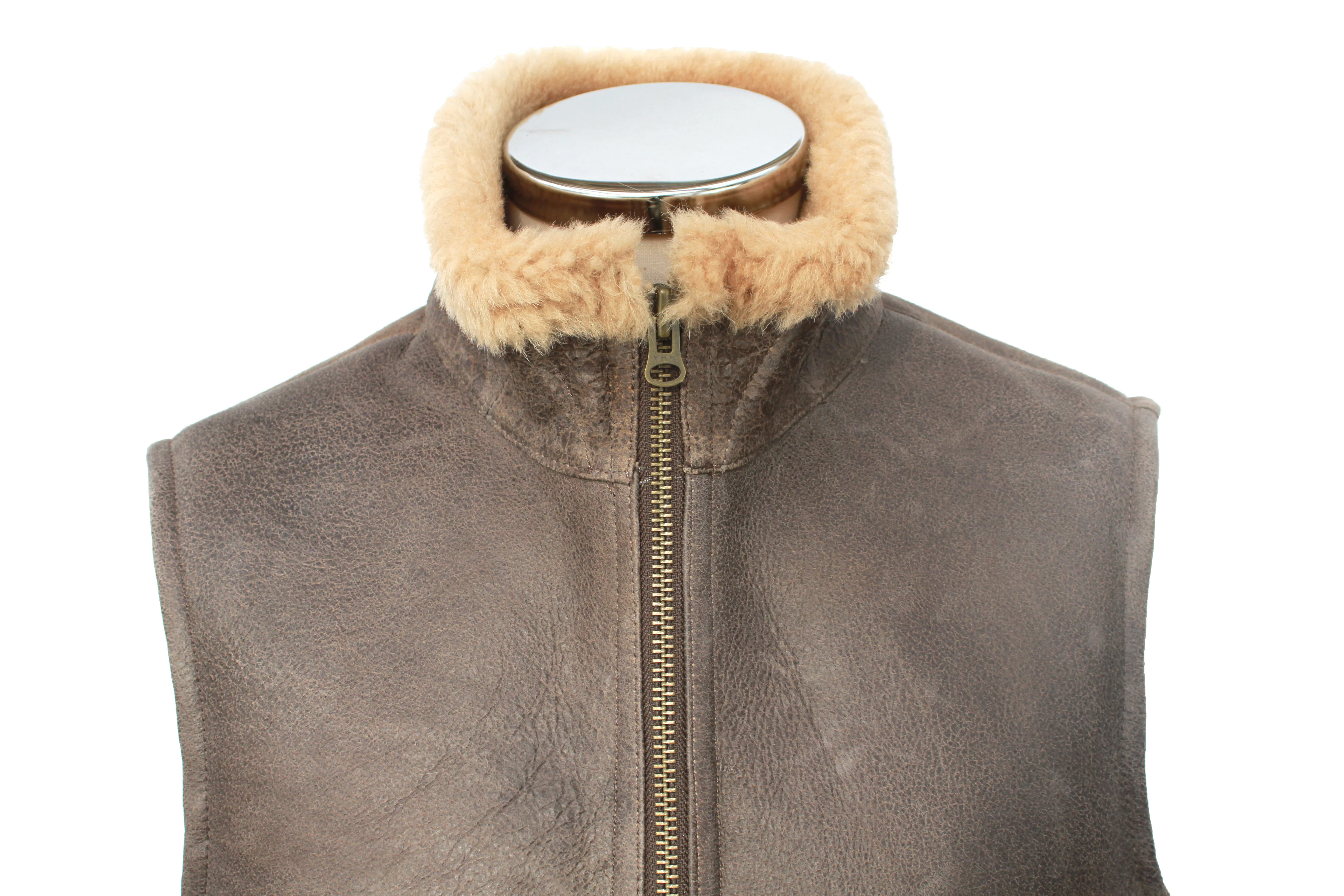Mens Harvey Gilet Leather Sheepskin Coat - Chocolate Forest Distressed - Image 3