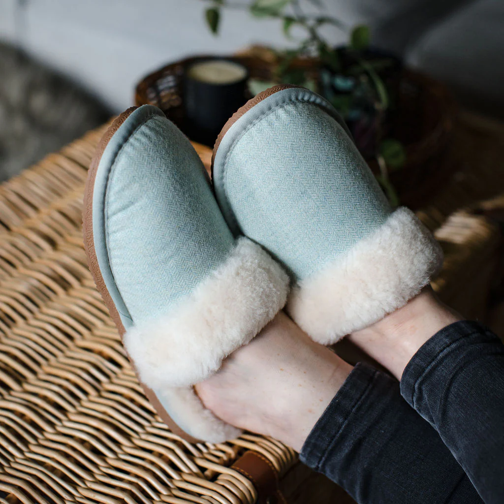 Deluxe Ladies 'Daisy' Sheepskin Slipper Mule - Herringbone Aqua - Image 2