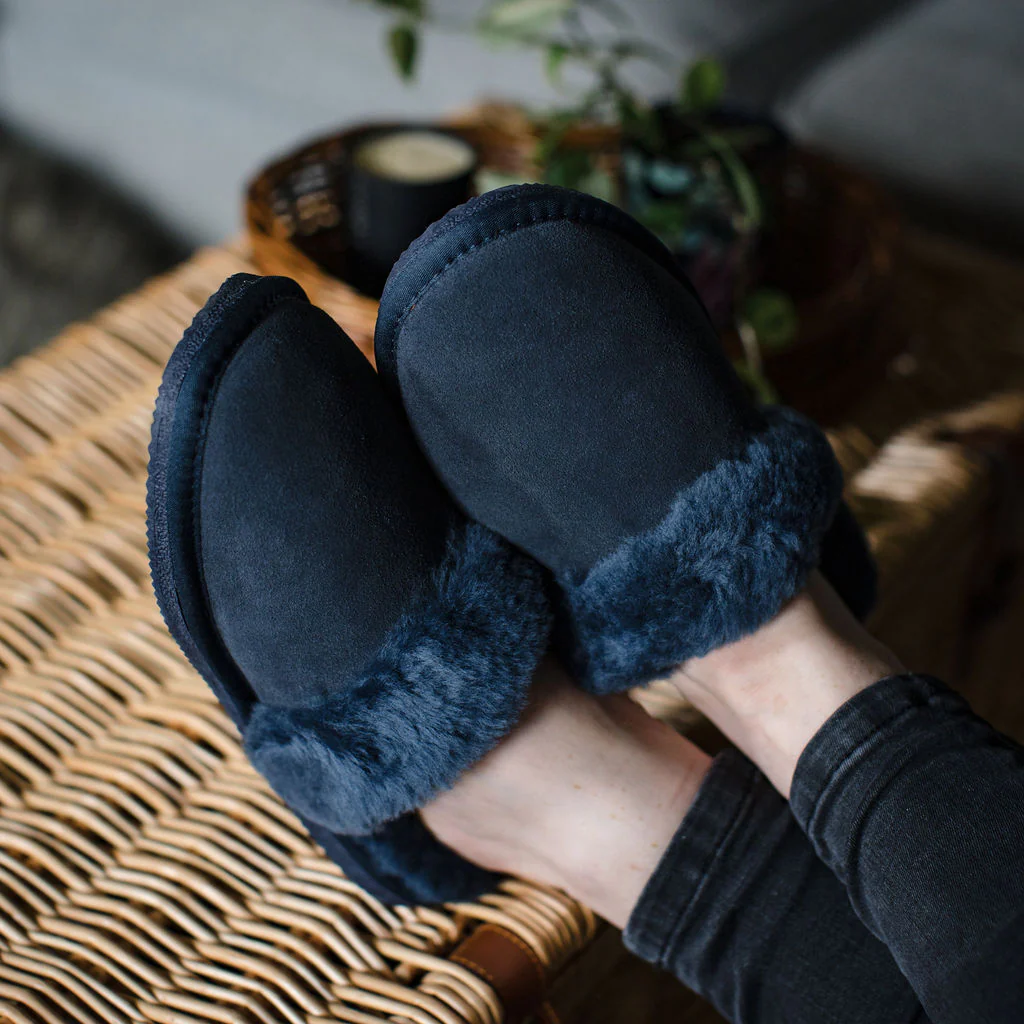 Deluxe Ladies 'Daisy' Sheepskin Slipper Mule - Navy - Image 3