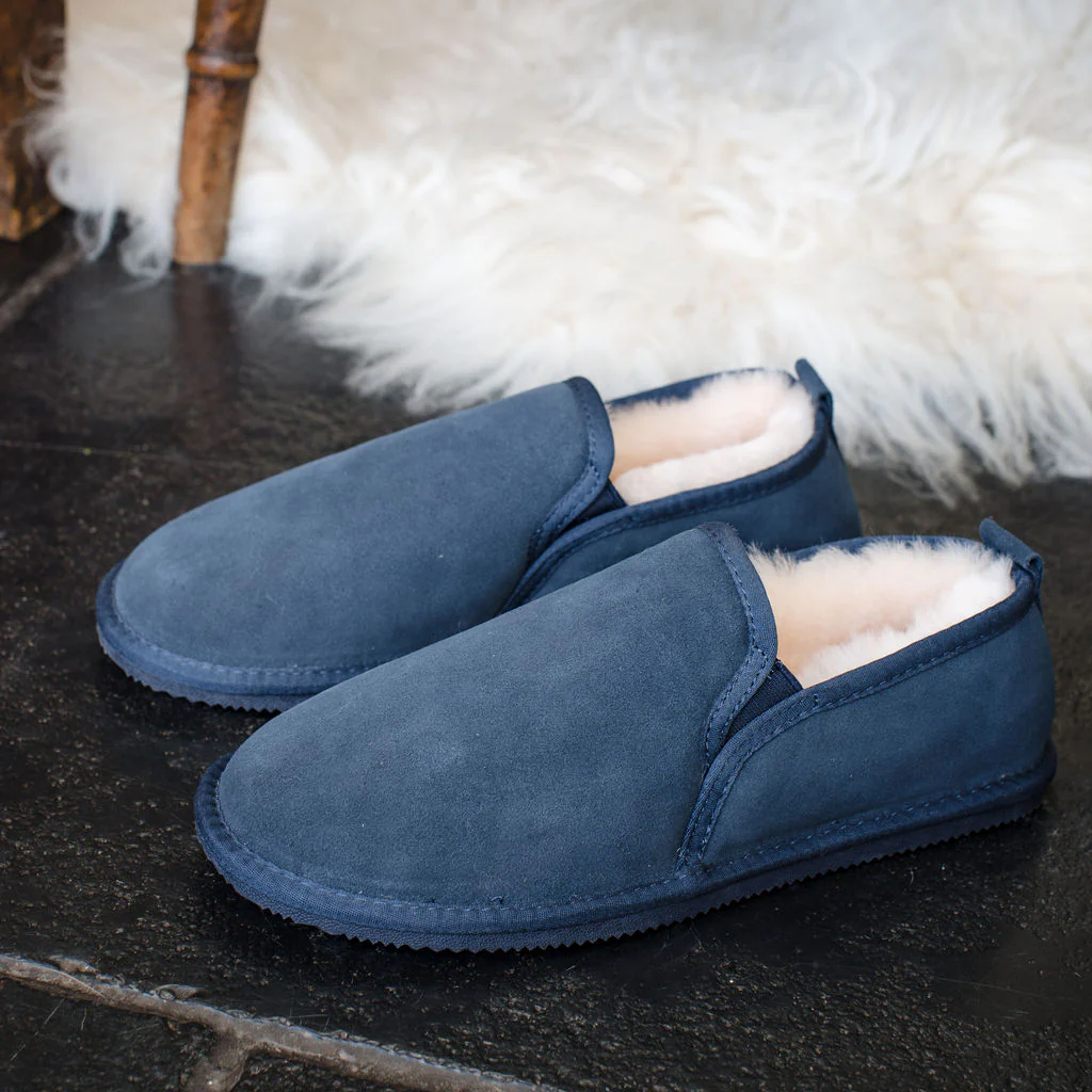 Deluxe Mens 'Avi' Sheepskin Slippers with Hard Sole - Navy - Image 2
