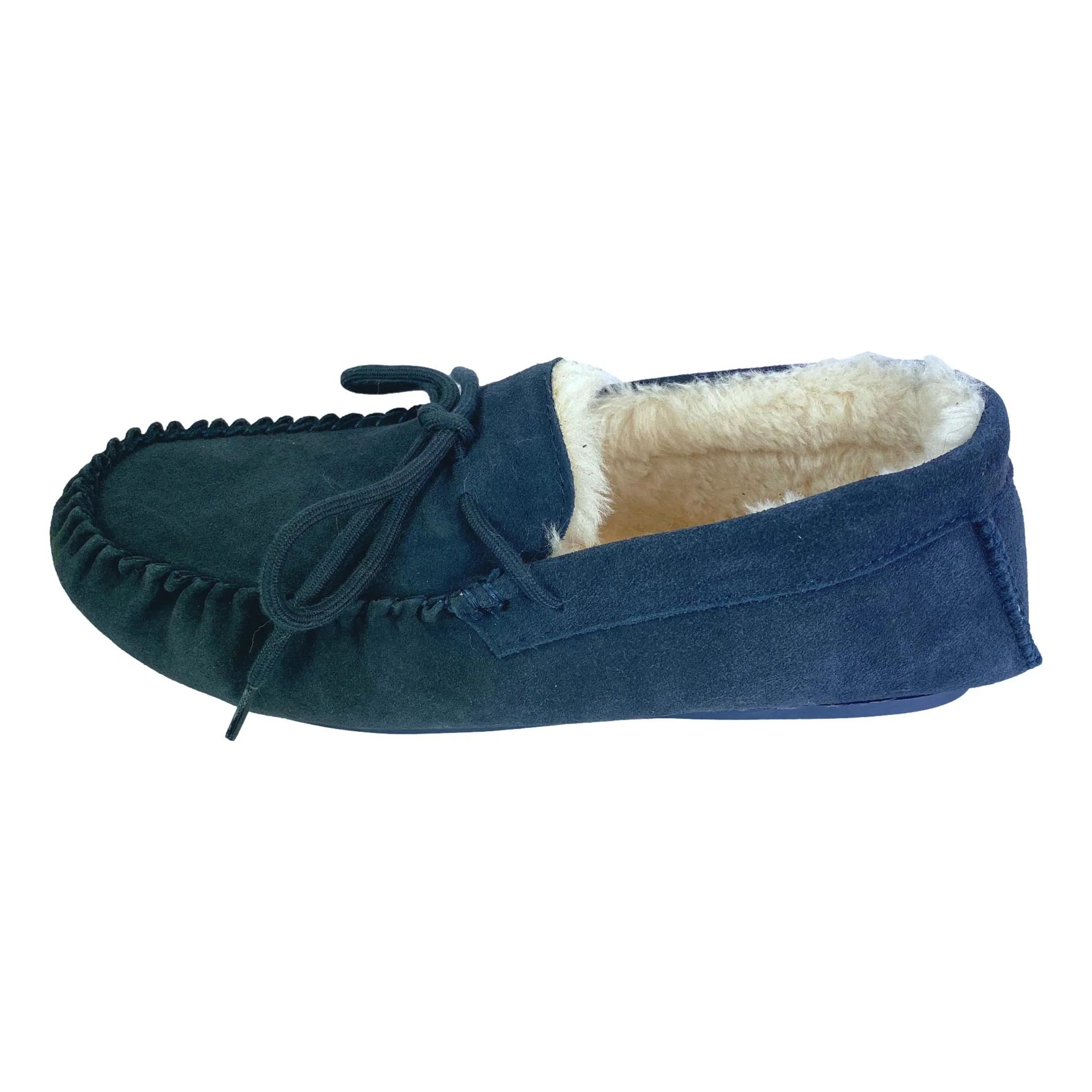 Deluxe Mens 'Leo' Lambswool Moccasin Slippers with Hard Sole - Navy - Image 5