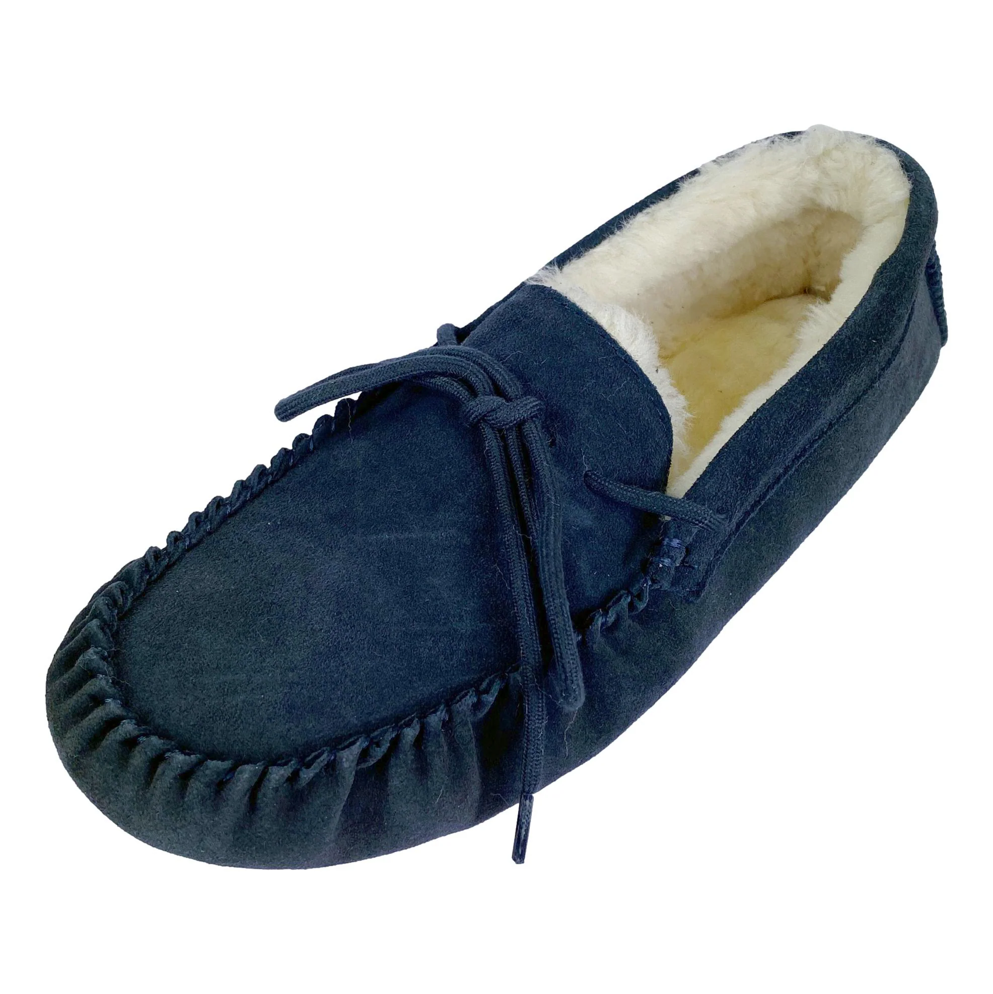 Deluxe Mens 'Leo' Lambswool Moccasin Slippers with Hard Sole - Navy - Image 6