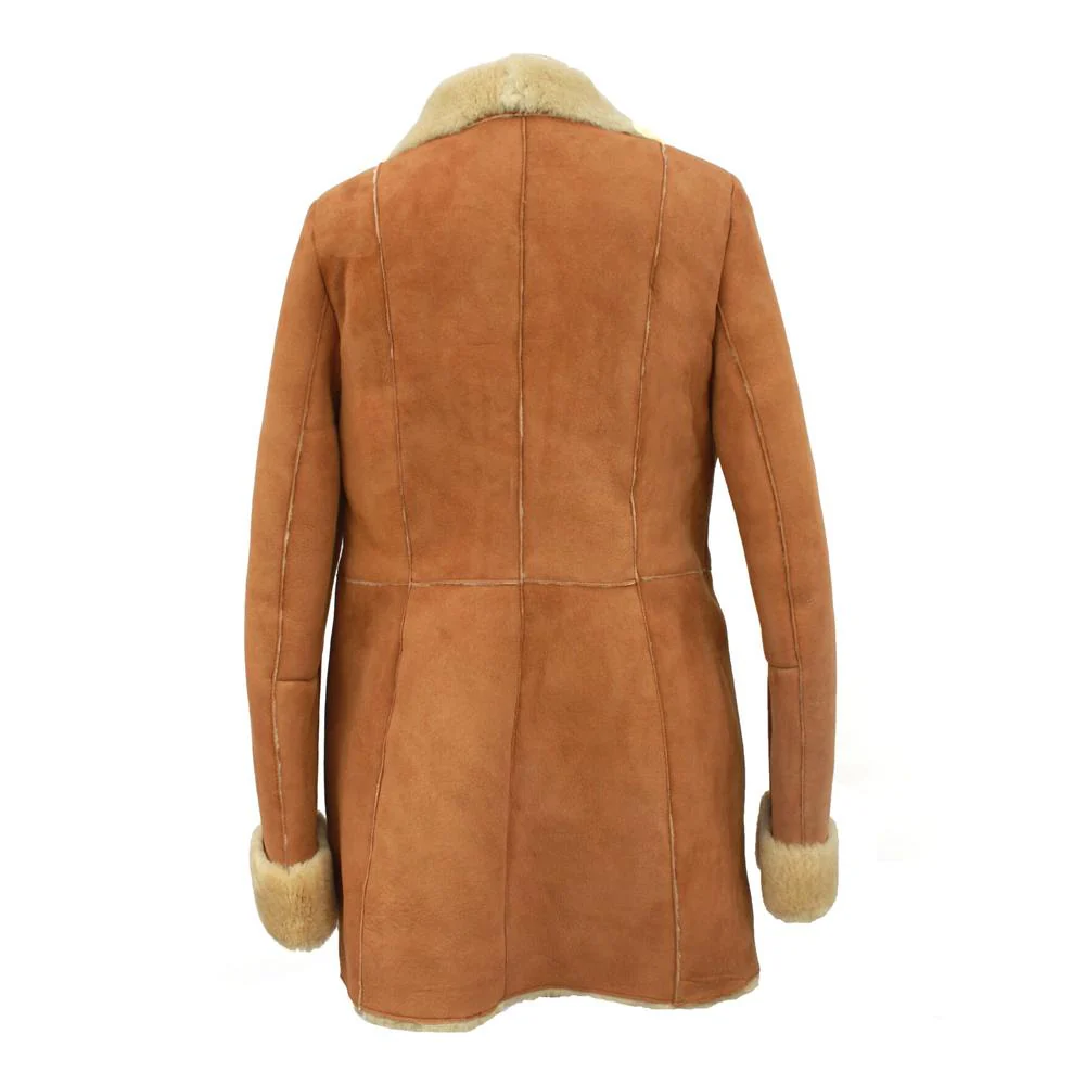 Ladies Anette Suede Leather Sheepskin Coat with Button Fastenings - Tan - Image 3