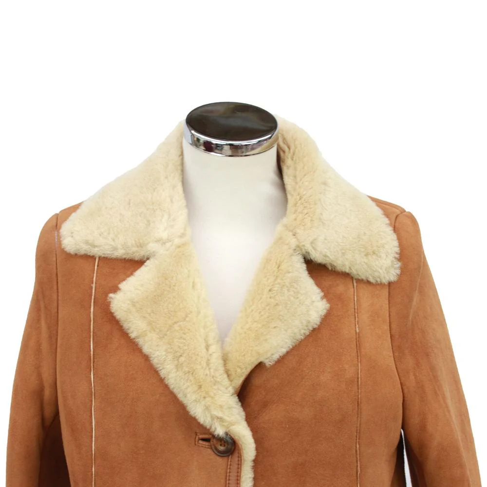 Ladies Anette Suede Leather Sheepskin Coat with Button Fastenings - Tan - Image 4