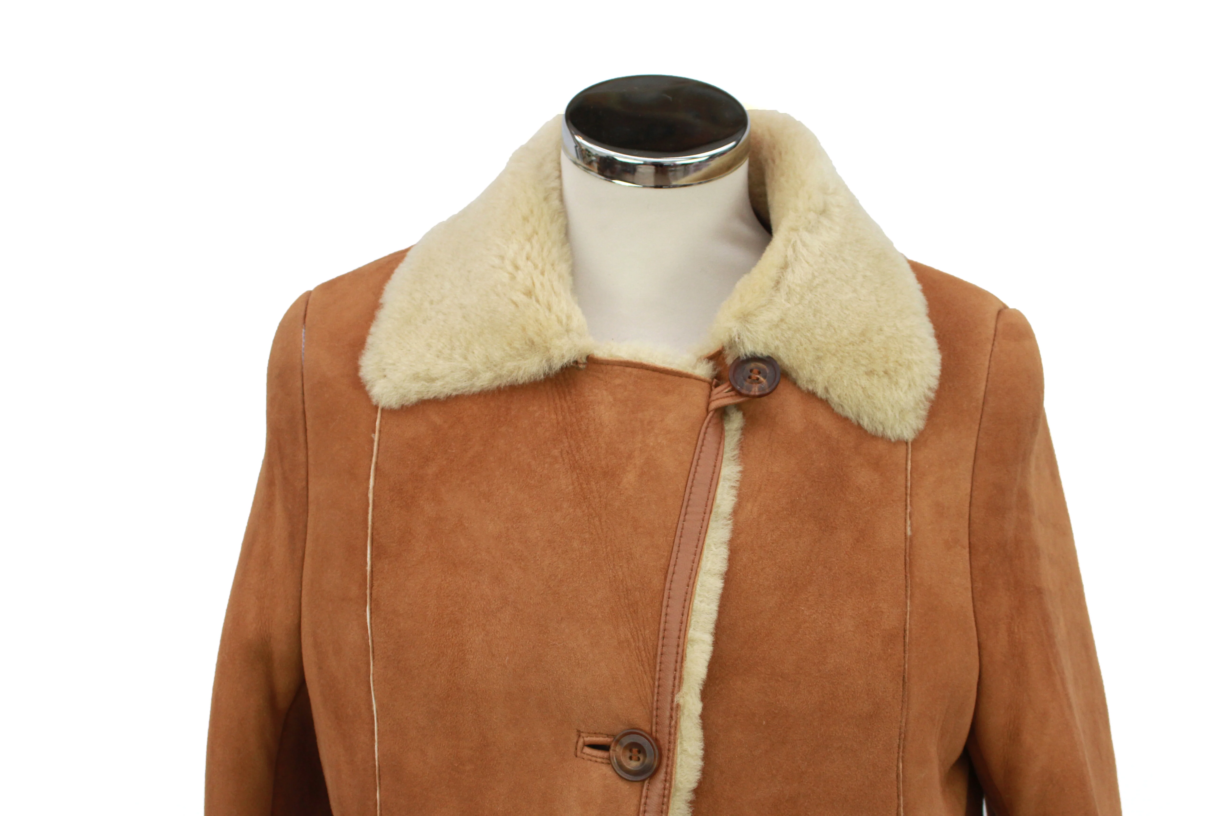 Ladies Anette Suede Leather Sheepskin Coat with Button Fastenings - Tan - Image 5