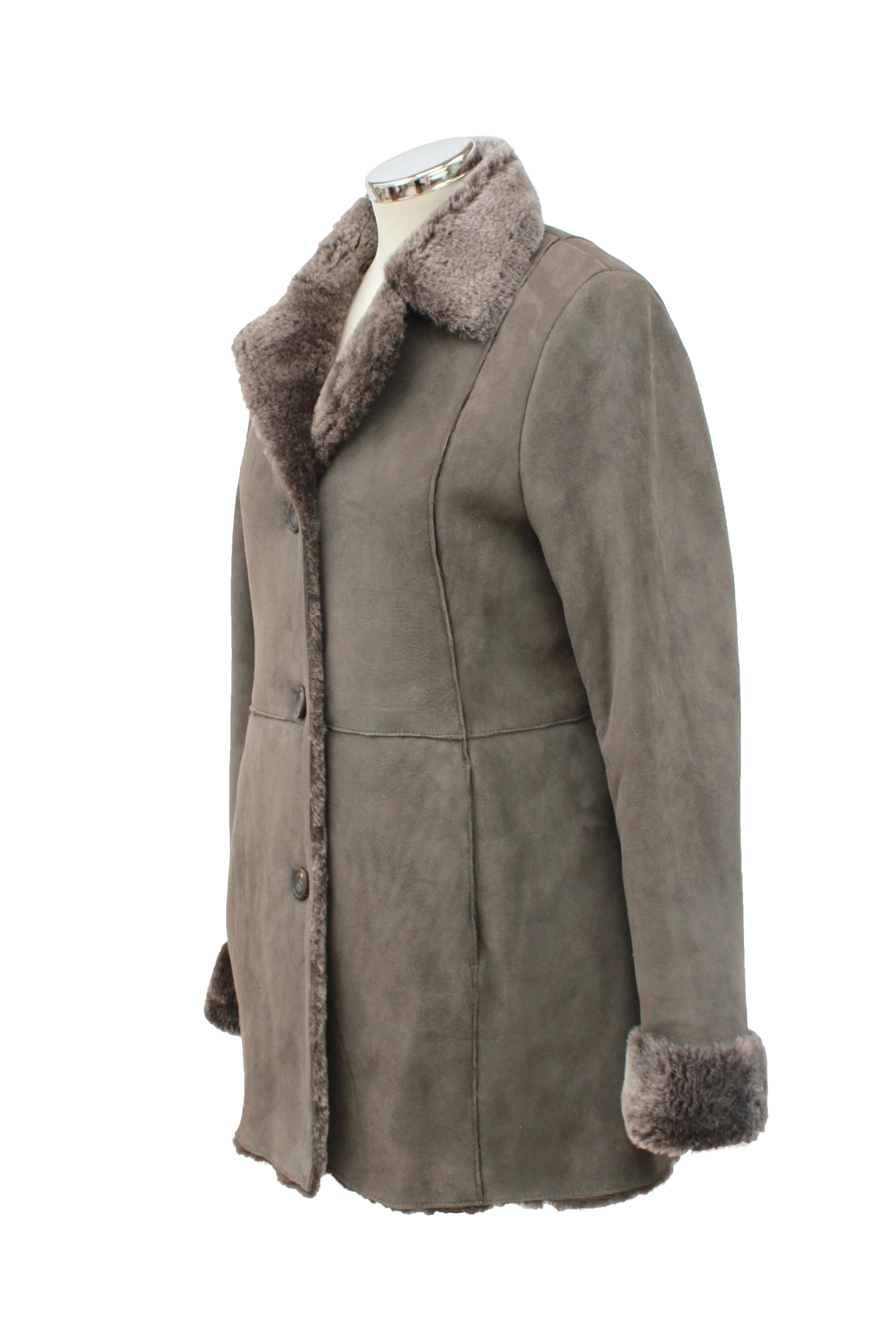 Ladies Anette Suede Leather Sheepskin Coat - with Button Fastenings - Vizon Grey - Image 5
