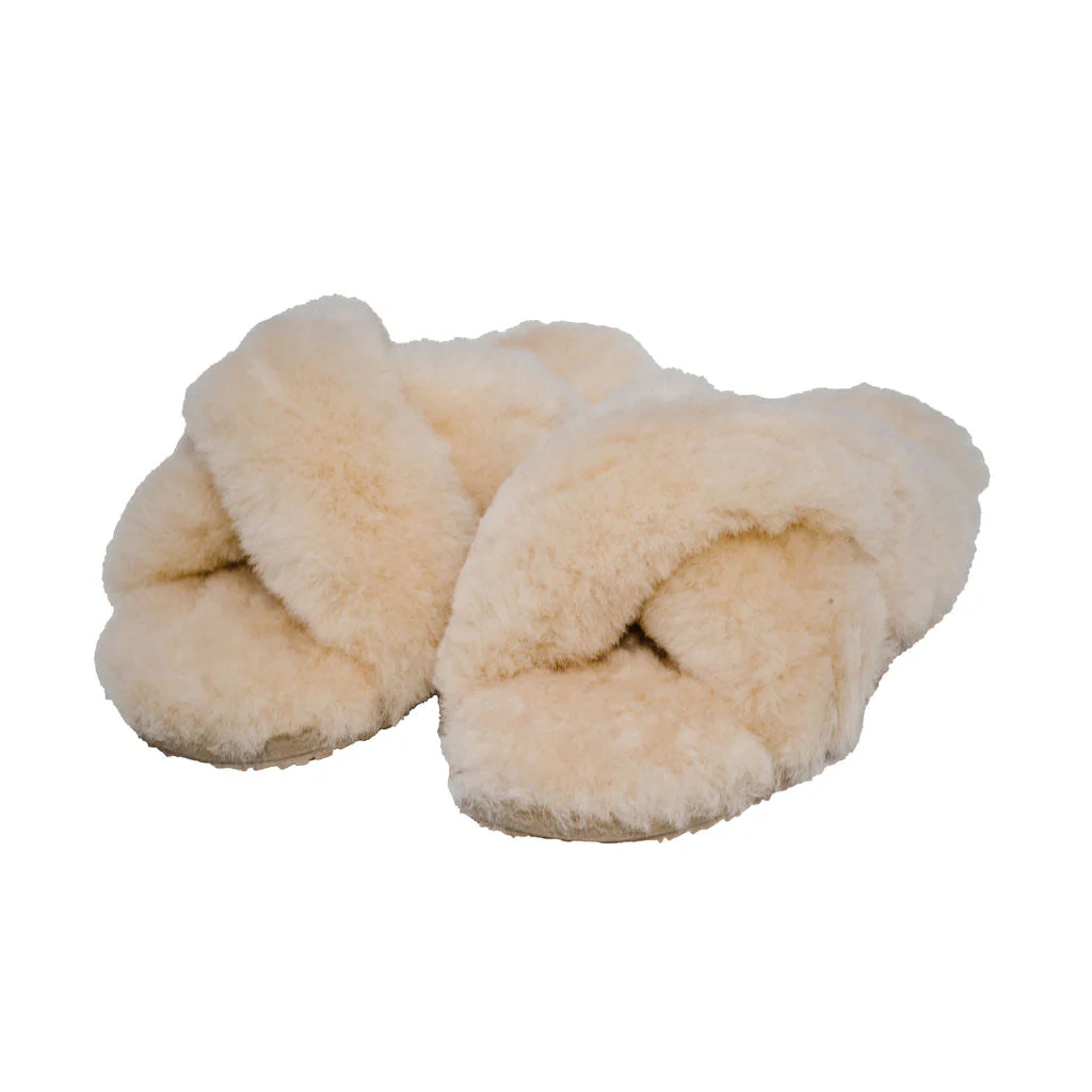 Ladies - Lola Sheepskin Cross Over Slider - Cream