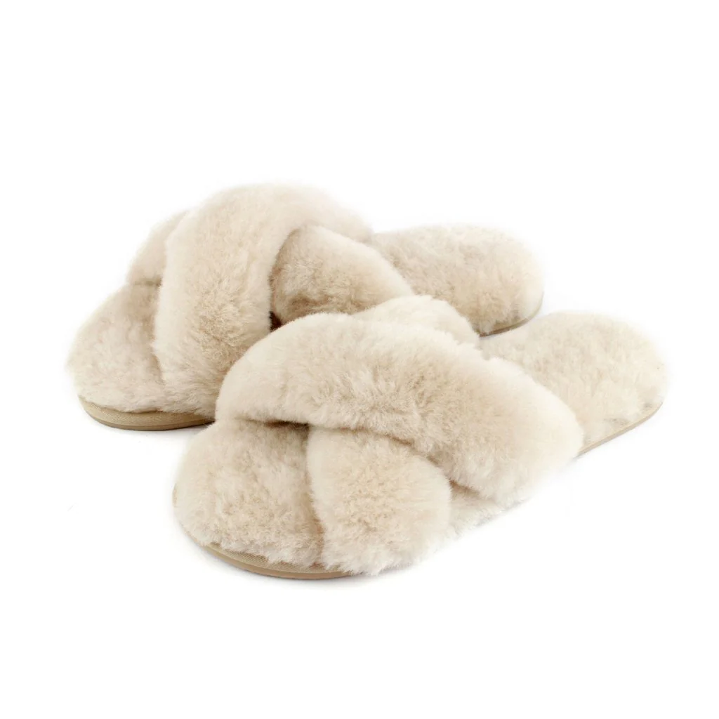 Ladies - Delilah Sheepskin Cross Over Slider - Oyster - Image 5