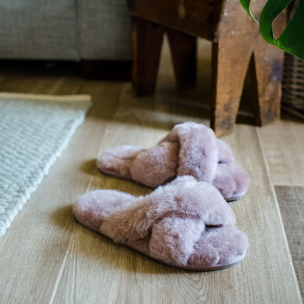Ladies - Delilah Sheepskin Cross Over Slider - Pink-Mink - Image 2