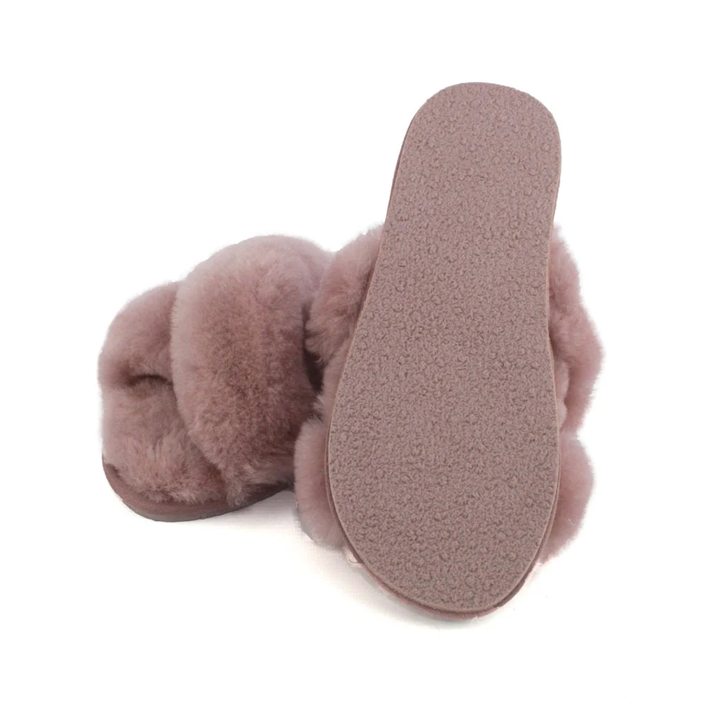 Ladies - Delilah Sheepskin Cross Over Slider - Pink-Mink - Image 6