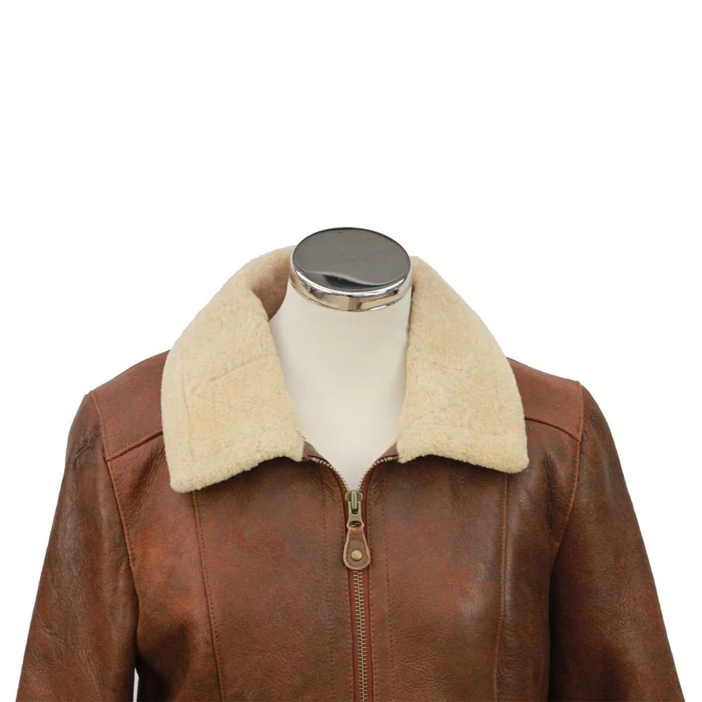 Ladies Hillary Leather Sheepskin Aviator Jacket - Brick Forest - Image 2