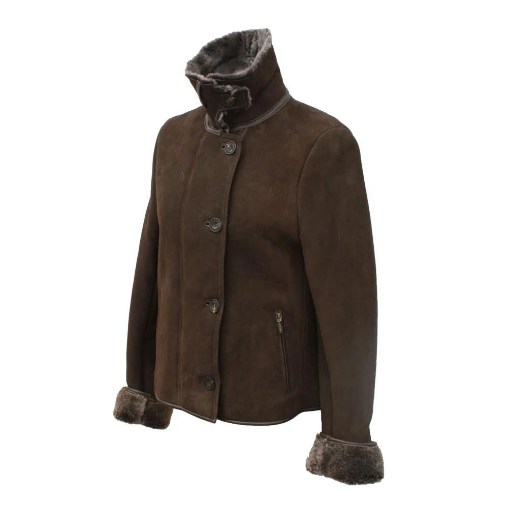 Ladies Jenny Suede Sheepskin Coat - Brown Tipped - Image 3
