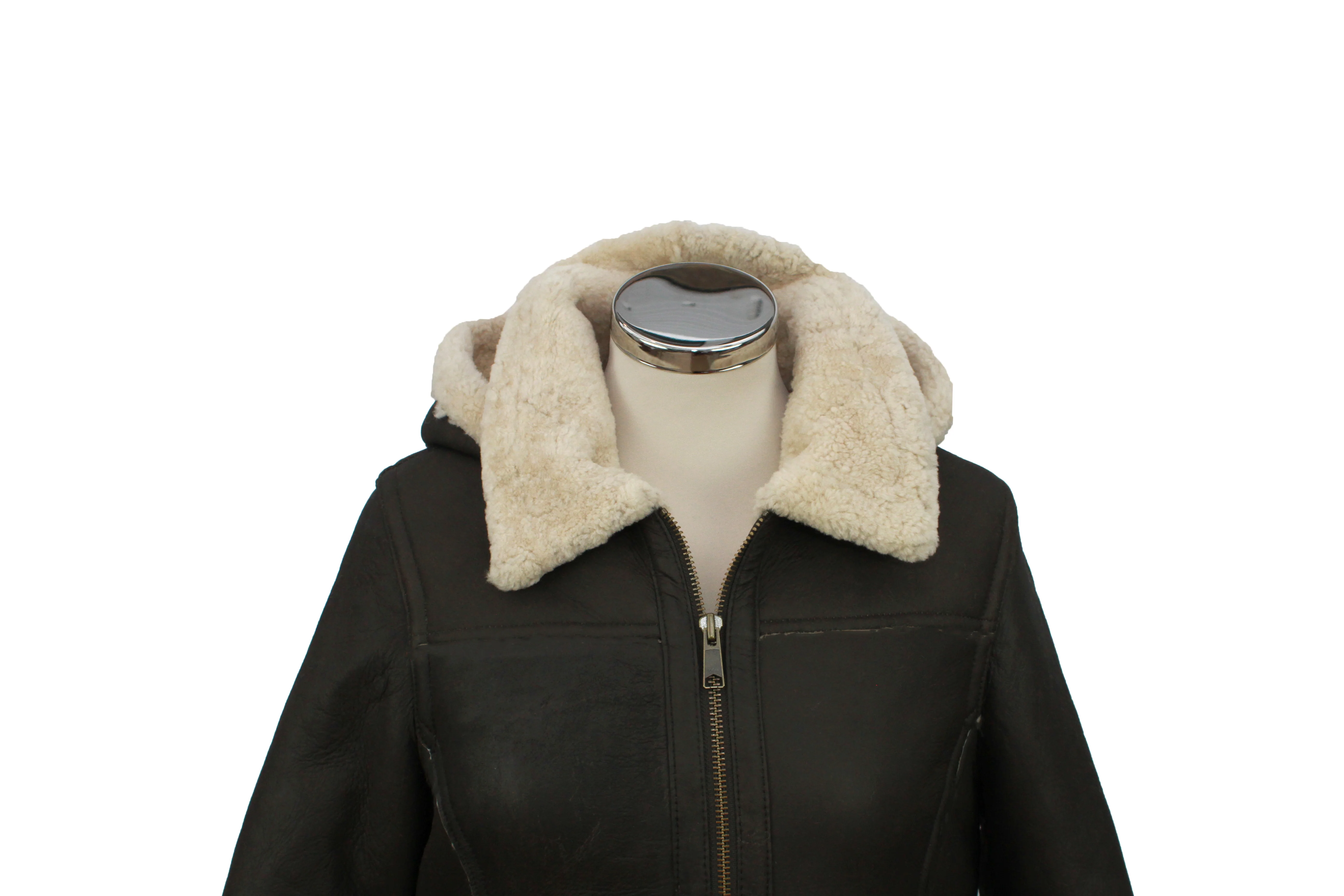 Ladies Jessie Hooded Leather Sheepskin Jacket - Dark Brown - Image 3
