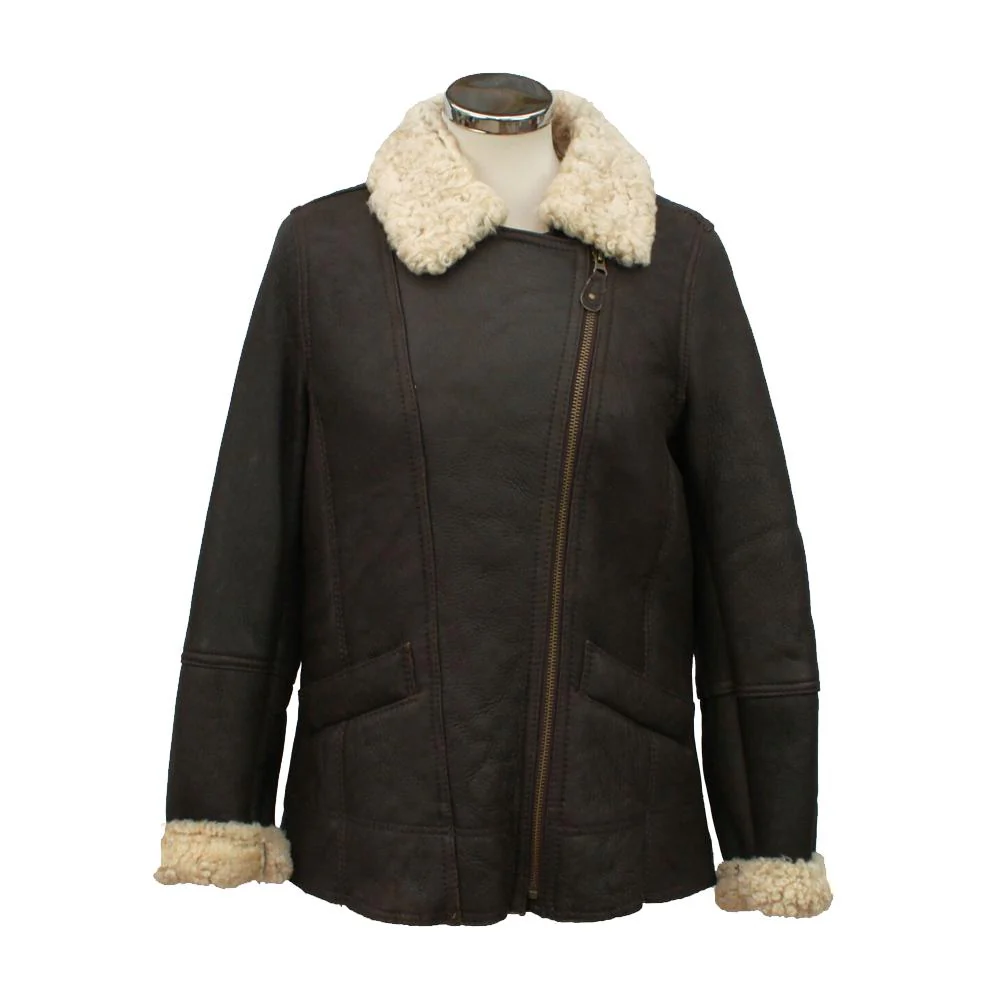 Ladies Mepal Leather Sheepskin Flying Jacket - Dark Brown - Image 3