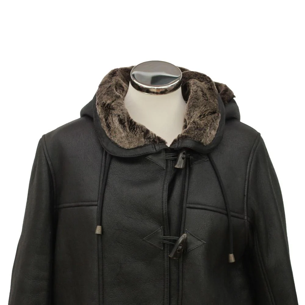 Ladies Millie Leather Sheepskin Duffle Coat - Black - Image 3