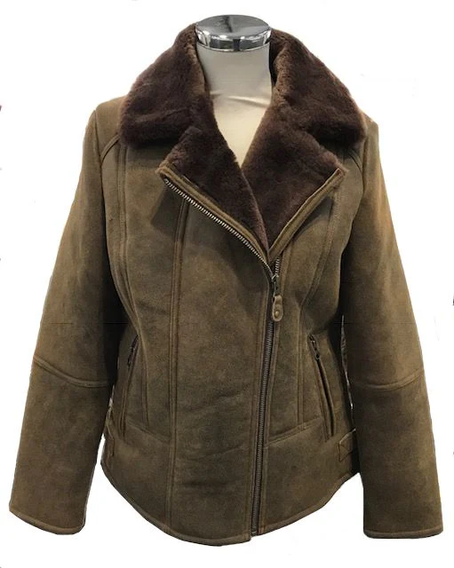Ladies Sue Flying Aviator Leather & Sheepskin Jacket - Rust-Brown