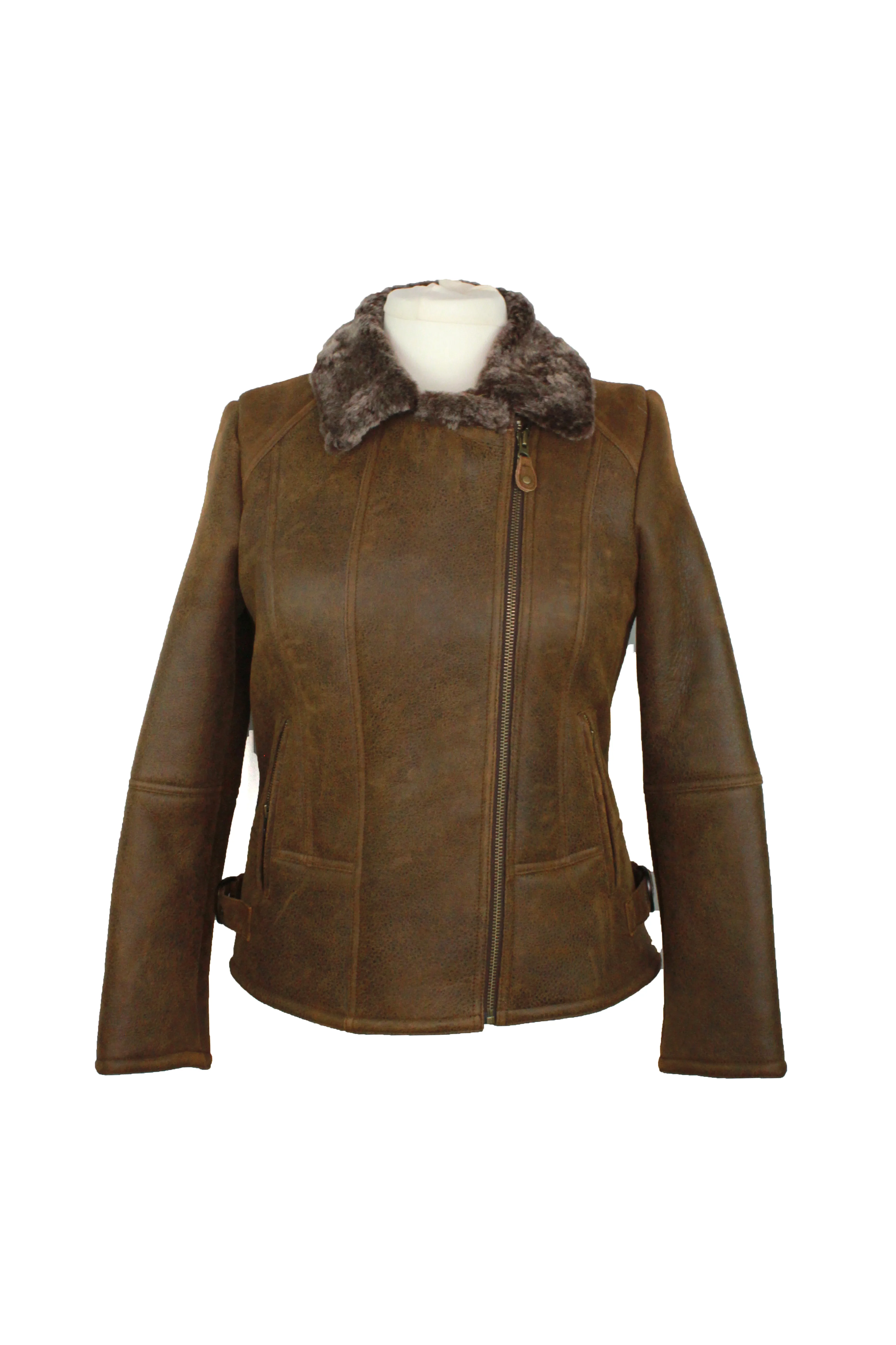 Ladies Sue Flying Aviator Leather & Sheepskin Jacket - Rust-Brown - Image 4