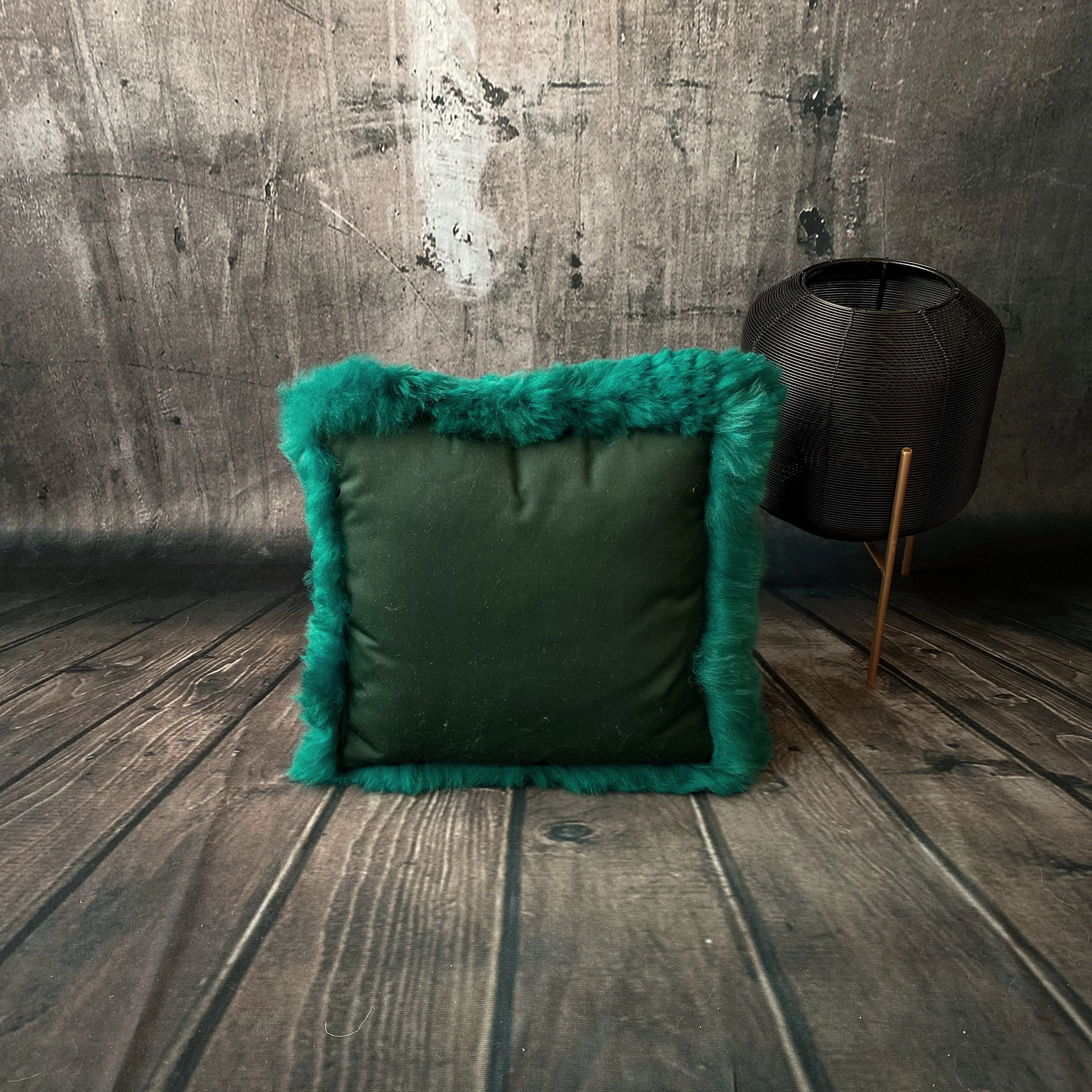 Luxury Icelandic Shorn Sheepskin Cushion with a Cotton Back in Emerald Green - Image 2